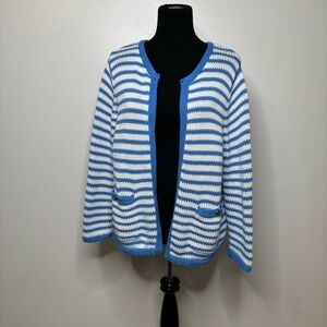 Lands’ End Drifter Blue White Striped‎ Cotton Cardigan Sweater L 14-16